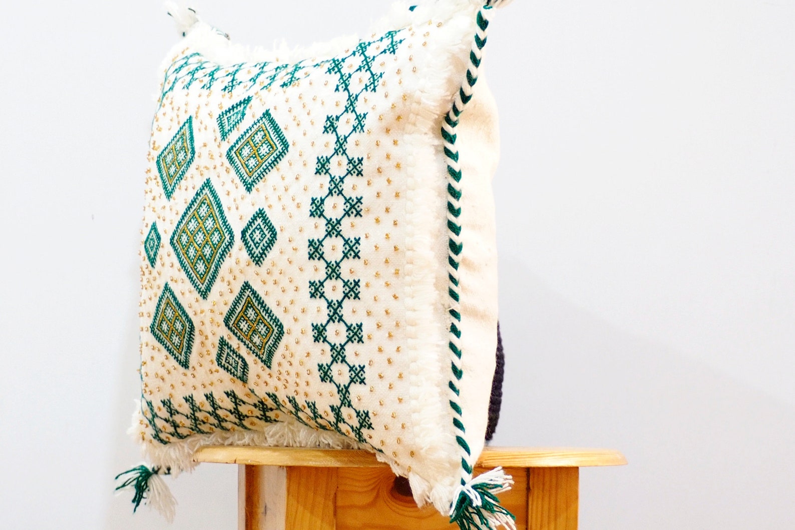 Handwoven Moroccan Wedding Blanket Pillow Cover with Sequins — view 5