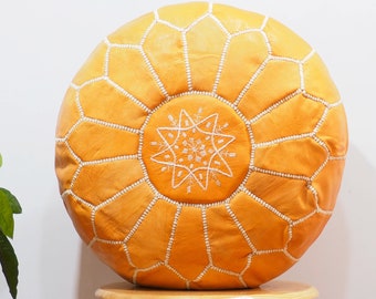 Moroccan  orange POUF* Boho** with orange  Stitching Leather Pouf ottoman pouf morrocan  pouf unstuffed