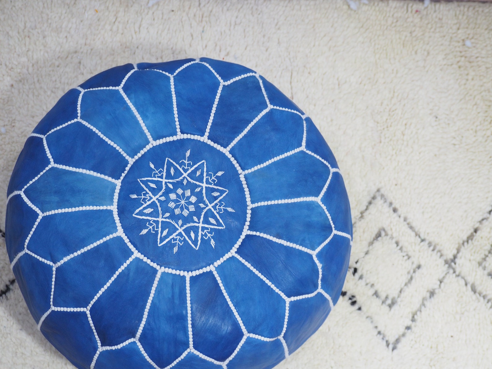 Boho Moroccan Blue POUF With White Stitching Leather Pouf Etsy