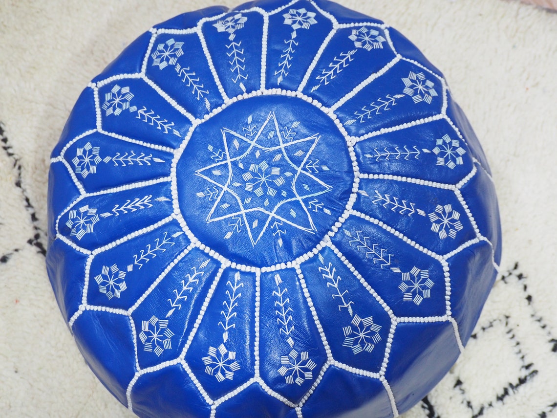 Blue Ottoman pouf Moroccan Embroidery Handmade pouf Footstool Etsy