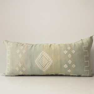 Light Green Lumbar Sabra Cactus Silk Pillow: Moroccan Boho Cushion Cover