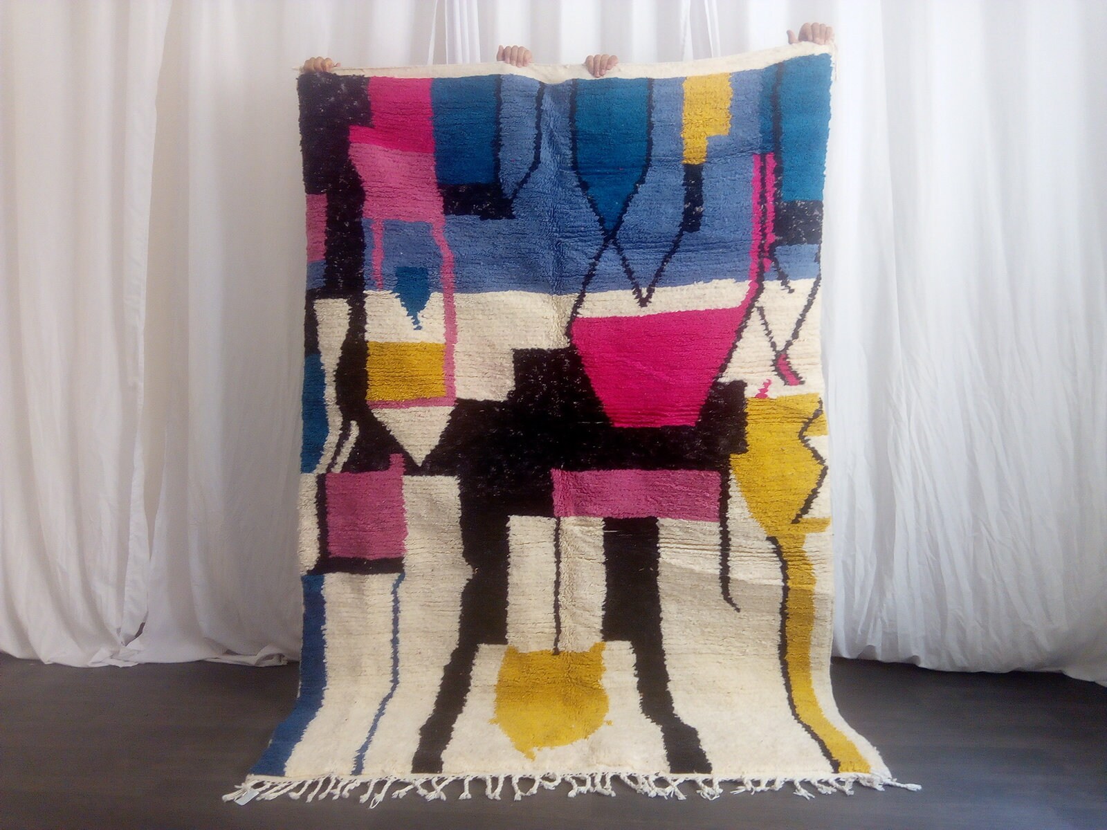 Handwoven Moroccan Runner Rug Black and Multicolor Wool Rug