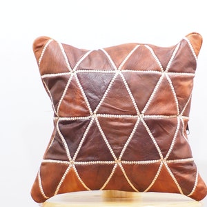 Handmade Moroccan Leather Cushion Cover: Embroidered Accent Pillow (15.7 inches)