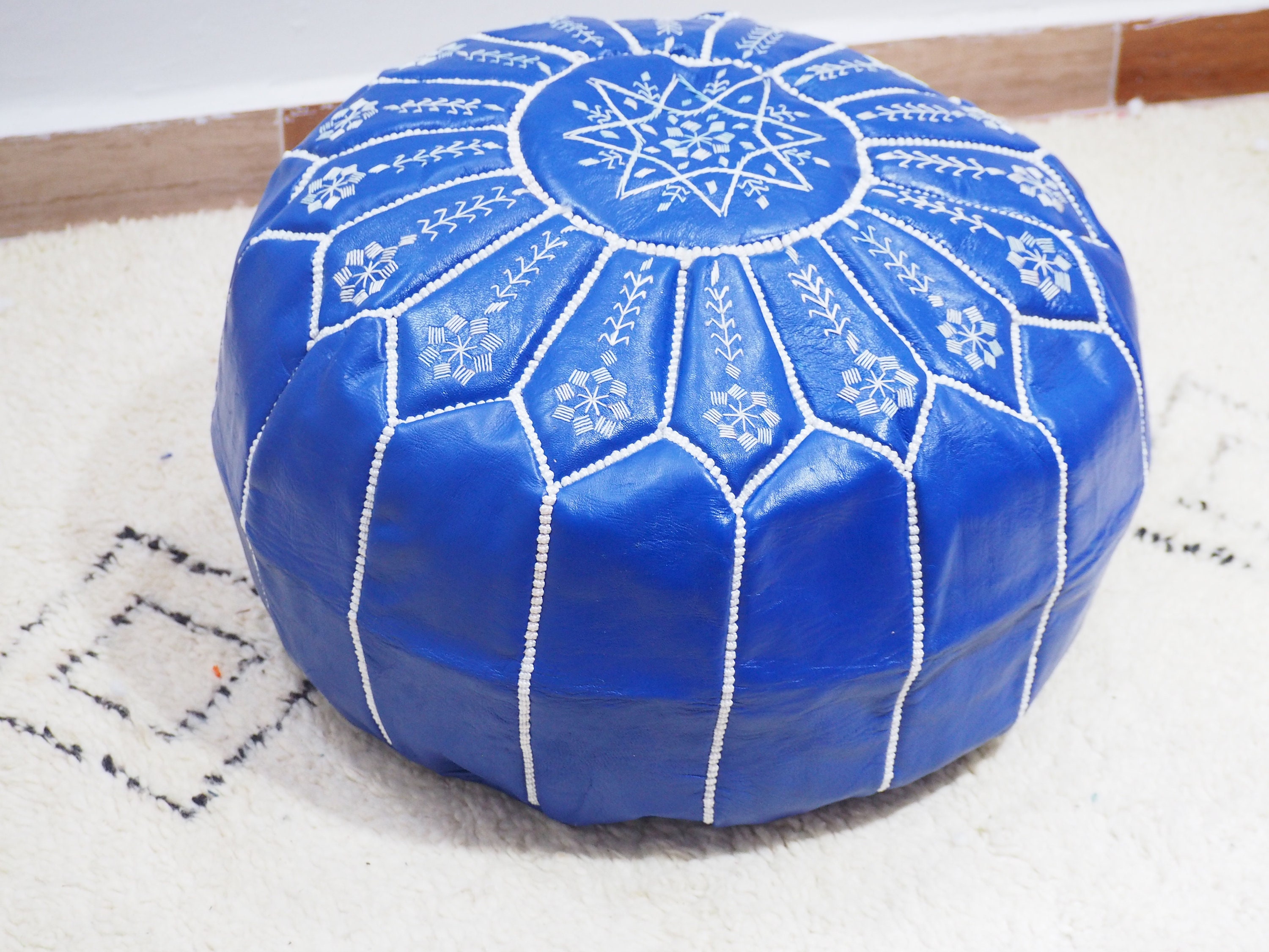 Blue Ottoman pouf Moroccan Embroidery Handmade pouf Footstool Etsy