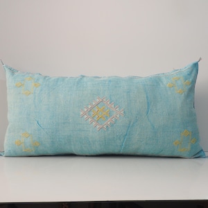 Blue Turquoise Moroccan Silk Lumbar Pillow Cover: Handmade Cactus Silk, 35&quot;x19&quot;