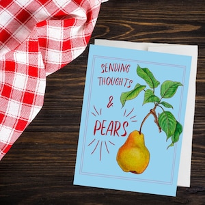 Cartão de pêra, cartão de fruta, cartão de produção, cartão de jardinagem, cartão de pensamentos e orações, ecológico, reciclado, vegano, vegetariano, à base de plantas, fazenda