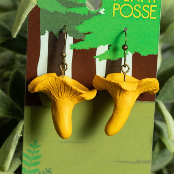 DISCOUNTED Chanterelle Mushroom Dangle Earrings, vegan art, fungi jewelry, mushroom jewelry, Chanterelles, gifts for women, gifts under 30