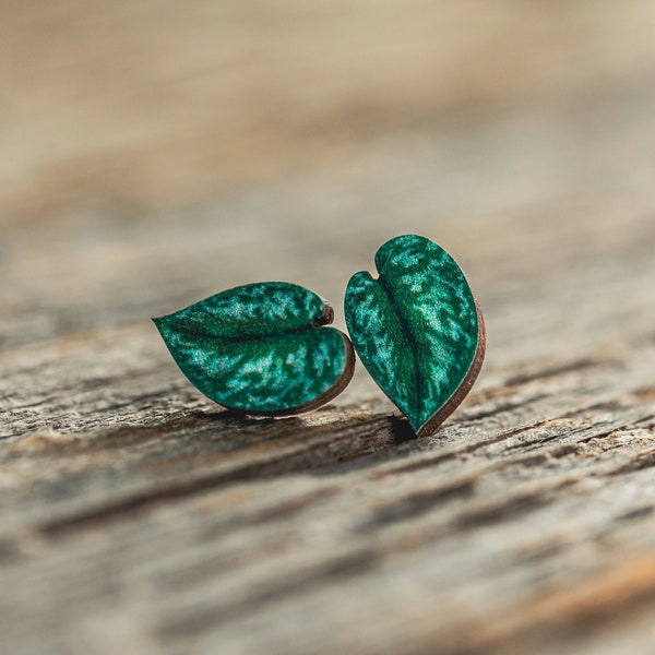 Pothos stud earrings, leaf earrings, Silver Satin Pothos, sustainable jewelry, wooden, houseplant, hypoallergenic earrings, tropical, leafy