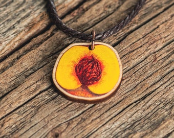 Peach necklace, fruit necklace, sustainable jewelry, eco friendly necklace, painting, produce, fruit, peaches, peach pendant, peach jewelry