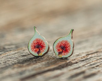 DISCOUNTED Fig stud earrings, fruit earrings, sustainable jewelry, eco friendly earrings, wood, gardener, botanical, orchard, gardening