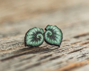 DISCOUNTED Escargot Begonia stud earrings, leaf, sustainable jewelry, eco friendly earrings,wood, houseplant, hypoallergenic, spiral, leaves