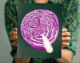 Framed Cabbage Painting, watercolor painting, vegetable art, kitchen art, chef, vegan art, purple cabbage, heart art, hearts, kitchen decor