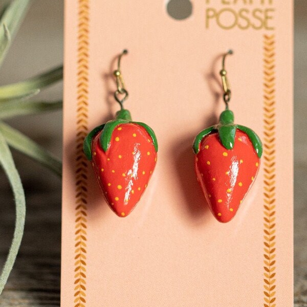 Strawberry earrings, vegan jewelry, strawberries, earrings, food art, strawberry art, vegan gifts, vegan art, gifts for women, veganism