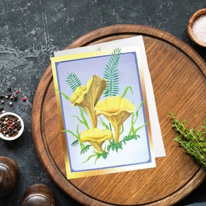 Cartão chanterelle, cartão cogumelo, cartão natureza, cartão fungos, cogumelos chanterelle, micologia, ecologicamente correto, reciclado, vegano, em branco por dentro