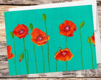 Poppies card, poppy card, red poppies, gardening card, orange poppies, eco-friendly, recycled, vegan, vibrant card, plant-based, colorful