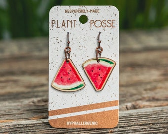 Watermelon earrings, Palestine, fruit earrings, dangles, garden, sustainable jewelry, eco friendly earrings, wood,gardener,melon, summertime