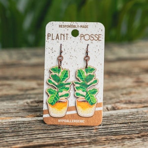 Fiddle-leaf fig earrings, houseplant earrings, dangles, sustainable jewelry, plant jewelry, wood, Ficus lyrata, potted plants, leafy