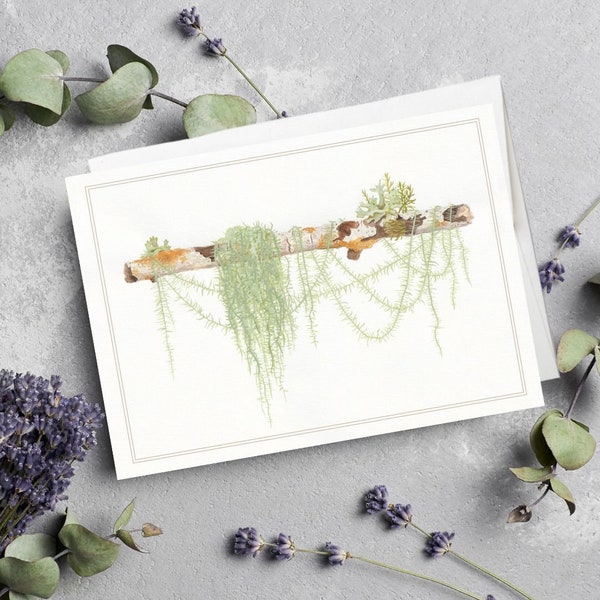 Nature card, forest card, woodsy card, lichen card, PNW card, growth card, eco-friendly, recycled, plant-based, vegan gift, Usnea, hiking