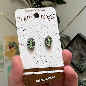 DISCOUNTED Prayer Plant stud earrings, leaf earrings, sustainable jewelry, eco friendly, wood, houseplant, hypoallergenic, tropical, leafy
