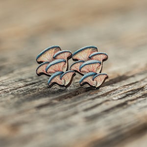 Oyster mushroom stud earrings, mushroom earrings, sustainable jewelry, eco friendly earrings, wood, fungi, cottagecore, mushroom hunting