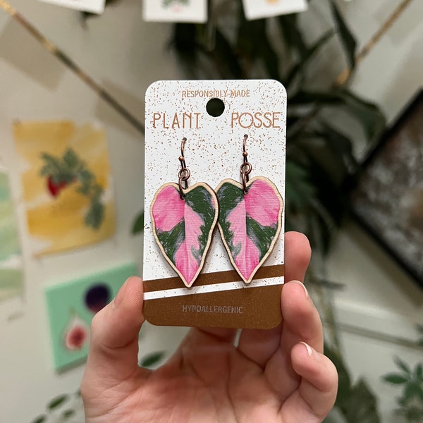 DISCOUNTED Pink Princess earrings, houseplant earrings, Pink Princess Philodendron, sustainable jewelry, eco friendly earrings, plant gift
