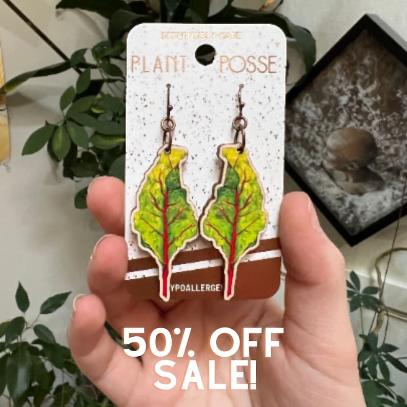 May include: A pair of wooden earrings featuring a painted image of a red and green chard leaf. The earrings are on a card that says "Plant Posse" and "Hypoallergenic".
