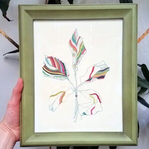 Peut inclure: Un dessin encadr&eacute; d'une plante stylis&eacute;e avec des feuilles color&eacute;es. Les feuilles sont dessin&eacute;es avec des lignes fines et remplies de diff&eacute;rentes couleurs, dont le rouge, le jaune, le vert et le bleu.