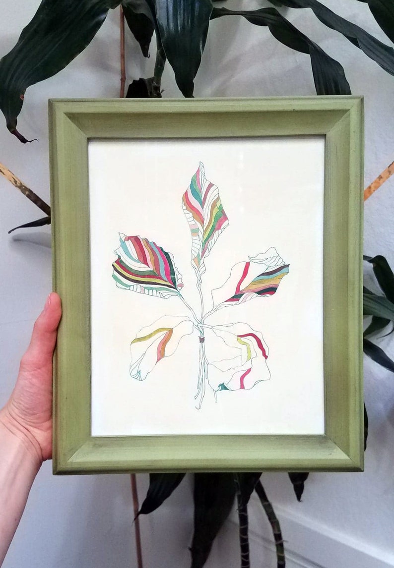Peut inclure: Un dessin encadr&eacute; d'une plante stylis&eacute;e avec des feuilles color&eacute;es. Les feuilles sont dessin&eacute;es avec des lignes fines et remplies de diff&eacute;rentes couleurs, dont le rouge, le jaune, le vert et le bleu.