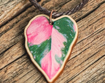 Pink Princess Philodendron necklace, houseplant necklace, sustainable jewelry, sustainable jewelry, pink jewelry, pink princess,leaf pendant