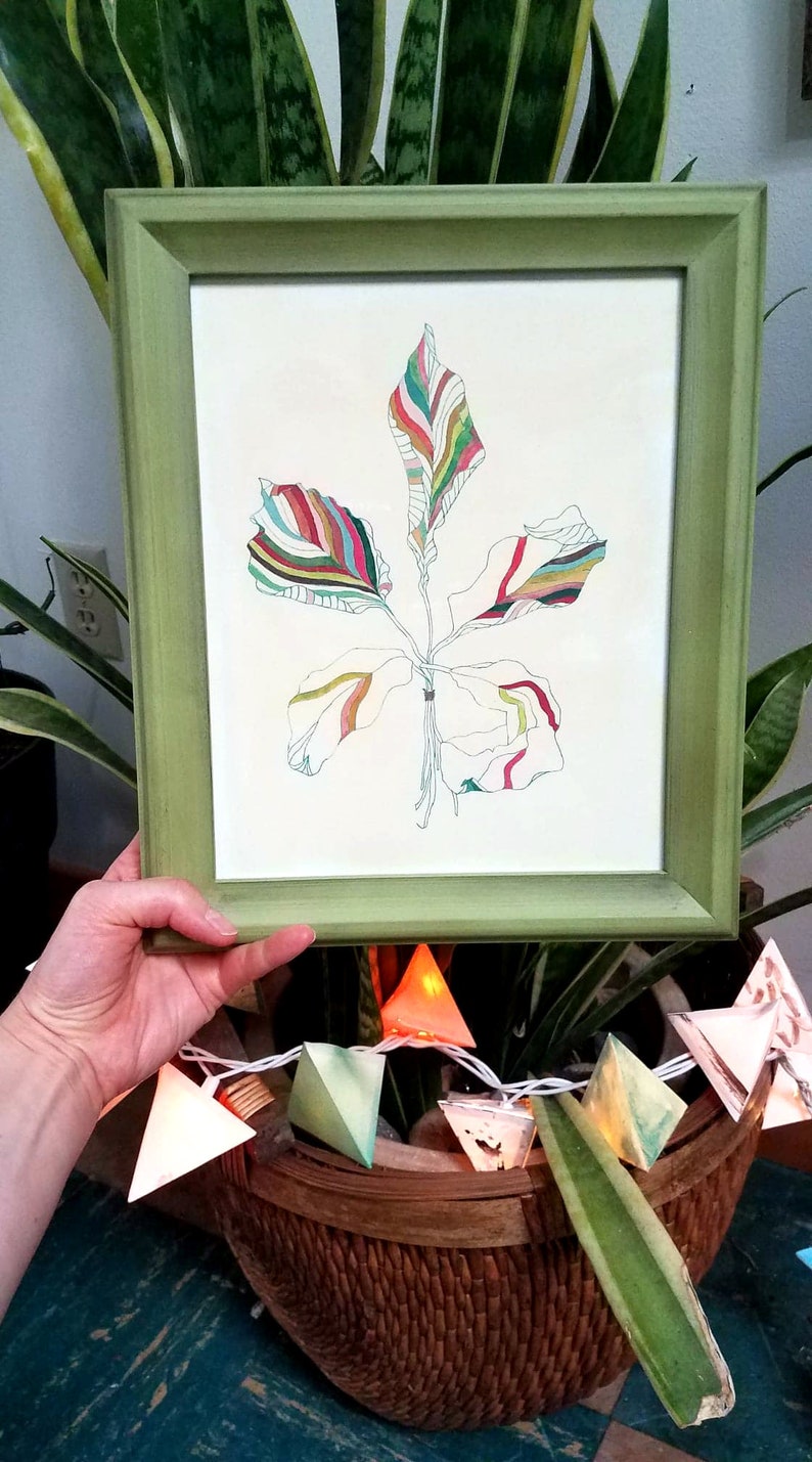 Peut inclure: Un dessin encadr&eacute; d'une feuille color&eacute;e avec un cadre vert. La feuille est dessin&eacute;e de mani&egrave;re stylis&eacute;e avec de multiples lignes et couleurs.