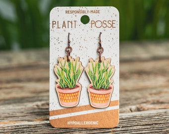 Snake Plant earrings, dangles, houseplant earrings, sustainable jewelry, eco friendly earrings, copper, Mother-In-Law's Tongue, Sansevieria