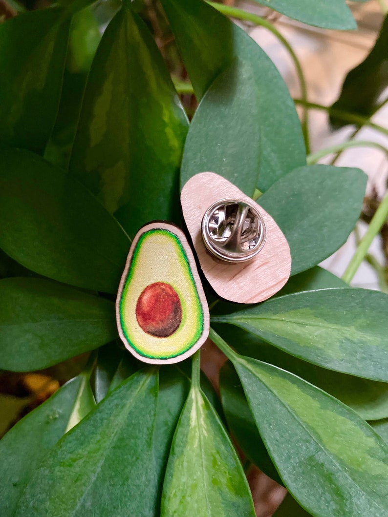 Avocado Wood Pin, Wooden pins, avocado art, sustainable art, fruit pin, fruit accessory, avocados, wood art, farmer, pins, under 15, vegan image 1