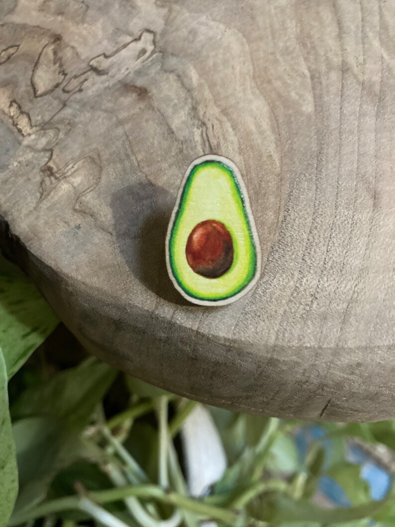 Avocado Wood Pin, Wooden pins, avocado art, sustainable art, fruit pin, fruit accessory, avocados, wood art, farmer, pins, under 15, vegan image 5