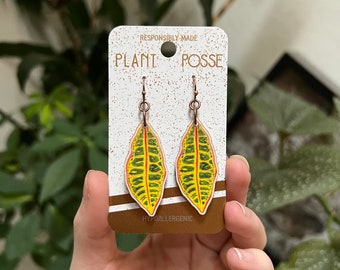 DISCOUNTED Petra Croton earrings, houseplant earrings, dangles, garden, sustainable jewelry, eco friendly,Copper, wood, gardener,plant lover