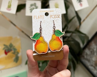 DISCOUNTED Pear earrings, fruit earrings, dangles, garden, sustainable jewelry, eco friendly, copper, wood, gardener,Prunus,naturalist, crop