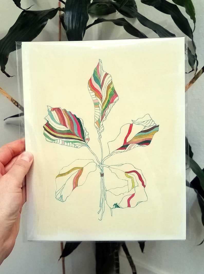 Peut inclure: Une illustration abstraite color&eacute;e d'une plante &agrave; cinq feuilles. Les feuilles sont dessin&eacute;es avec des lignes fines et remplies de rayures de diff&eacute;rentes couleurs, dont le rouge, le vert, le jaune et le bleu.