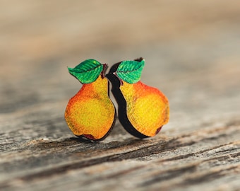 DISCOUNTED Pear stud earrings, fruit earrings, sustainable jewelry, eco friendly earrings, wood, gardener,botanical,orchard, garden, produce