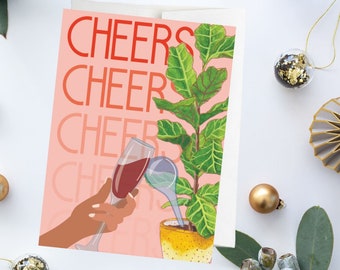 Holiday Greeting Card, Fiddle Leaf Fig, houseplants, houseplant, plant card, ficus card, Christmas card, secular, cheers, celebration card