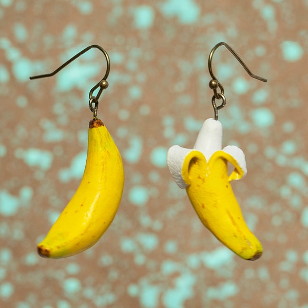 Banana dangle earrings, vegan jewelry, banana earrings, food art, banana art, vegan gifts, vegan art, gifts for women, yellow earrings,