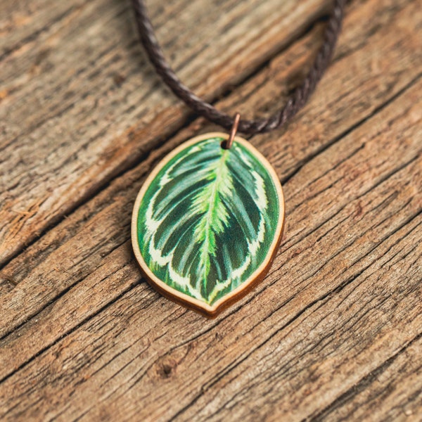 Medallion Prayer Plant necklace, houseplant necklace, sustainable jewelry, eco friendly necklace, exotic, tropical, leaf pendant, Calathea