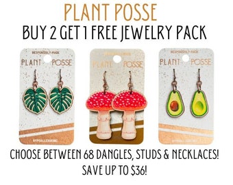 Jewelry pack, Buy 2 Get 1 Free, earring set, food art, vegan gifts, custom jewelry, necklaces, art, discounted, sale, veggie, mushroom, pnw