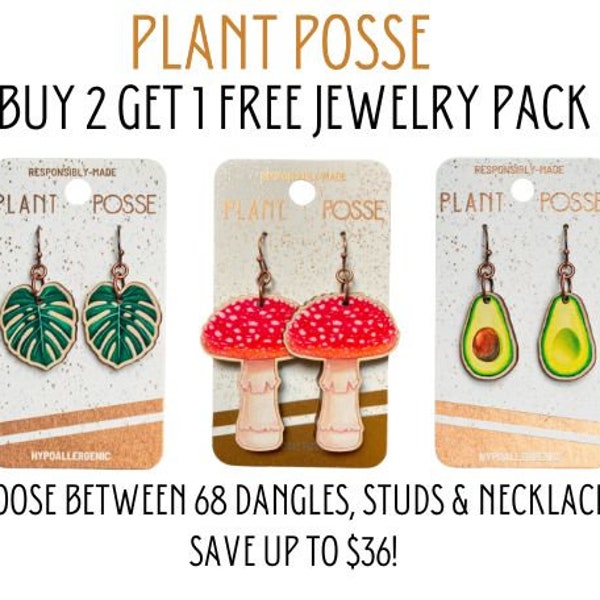 Jewelry pack, Buy 2 Get 1 Free, earring set, food art, vegan gifts, custom jewelry, necklaces, art, discounted, sale, veggie, mushroom, pnw