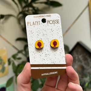 DISCOUNTED Peach stud earrings, fruit earrings, sustainable jewelry, eco friendly, wood, Prunus, botanical, orchard, garden, peaches