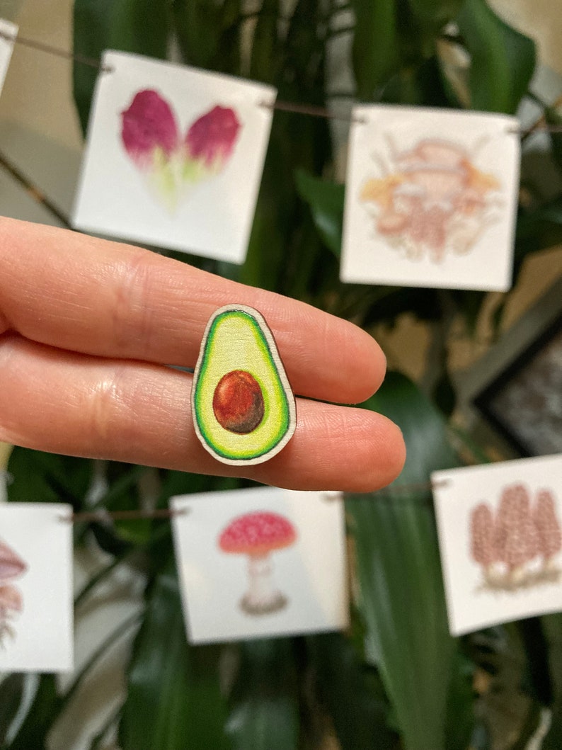 Avocado Wood Pin, Wooden pins, avocado art, sustainable art, fruit pin, fruit accessory, avocados, wood art, farmer, pins, under 15, vegan image 7