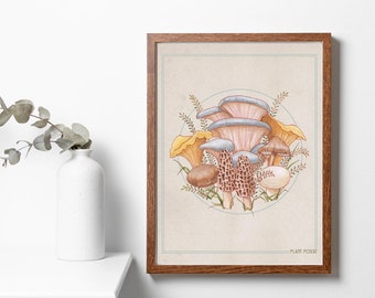 Vintage paddestoelenprint, paddenstoelenmotief, paddenstoelenprint, milieuvriendelijk, mycologie, natuurkunst, paddenstoelenjacht, paddenstoelenkunst, gezellige kamerinrichting