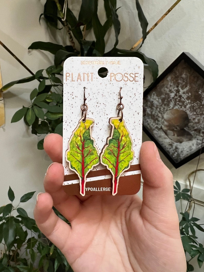 May include: A pair of wooden earrings shaped like red-veined chard leaves. The earrings are green, yellow, and red with a brown stem. The earrings are on a white card with the text "Plant Posse" and "Hypoallergenic".