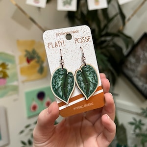 May include: A pair of hypoallergenic earrings featuring a green and white leaf design. The earrings are made of wood and have a copper hook. The card reads "Responsibly Made Plant Posse Hypoallergenic".