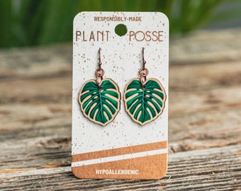 Monstera earrings, houseplant earrings, dangles, sustainable jewelry, eco friendly earrings, Holiday jewelry, wooden jewelry, plant earrings