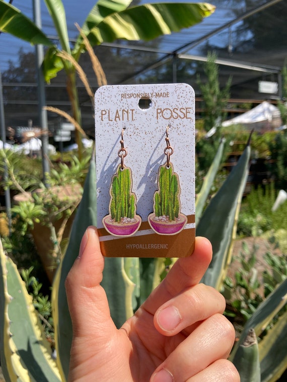 Orecchini di cactus, orecchini di piante da appartamento, pendenti, gioielli sostenibili, orecchini ecologici, legno, cactus peruviano, naturalista, cactus, in vaso - Italia