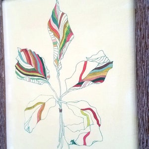 Peut inclure: Un dessin encadr&eacute; d'une plante stylis&eacute;e avec des feuilles color&eacute;es. Les feuilles sont dessin&eacute;es avec des lignes fines et remplies de diff&eacute;rentes couleurs, dont le rouge, le vert, le jaune et le bleu.